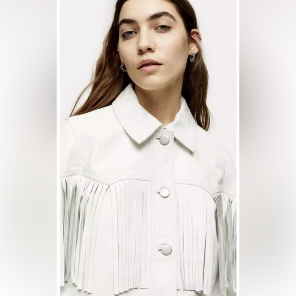 Topshop Roy fringed white leather jacket US size 12 - Picture 5 of 16